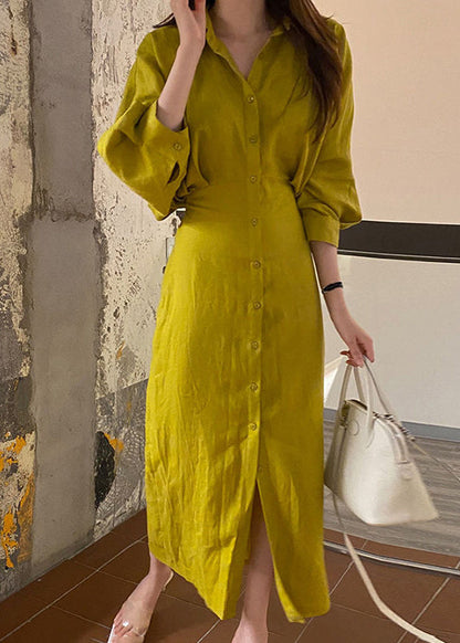 Bohemian Yellow Peter Pan Collar Cinched Cotton Shirt Dresses Lantern Sleeve LY2580 - fabuloryshop