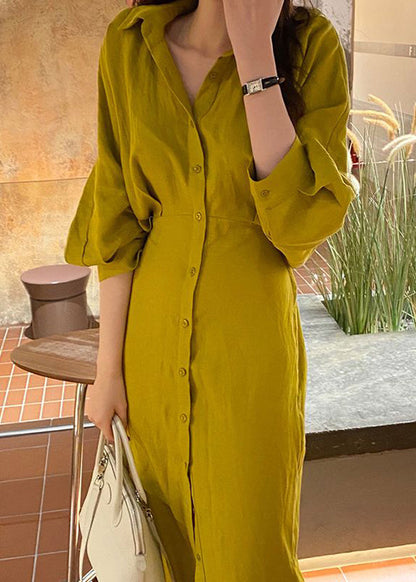 Bohemian Yellow Peter Pan Collar Cinched Cotton Shirt Dresses Lantern Sleeve LY2580 - fabuloryshop