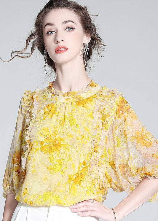 Bohemian Yellow Ruffled Print Silk Blouse Tops Bracelet Sleeve LY0144 - fabuloryshop