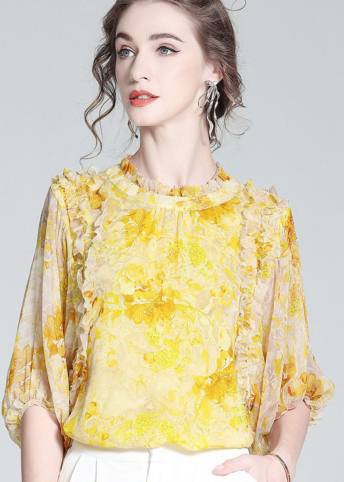 Bohemian Yellow Ruffled Print Silk Blouse Tops Bracelet Sleeve LY0144 - fabuloryshop