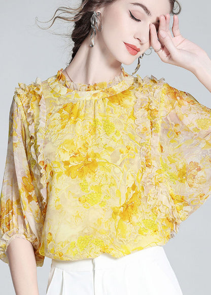 Bohemian Yellow Ruffled Print Silk Blouse Tops Bracelet Sleeve LY0144 - fabuloryshop