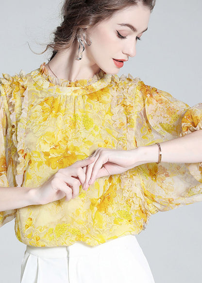 Bohemian Yellow Ruffled Print Silk Blouse Tops Bracelet Sleeve LY0144 - fabuloryshop