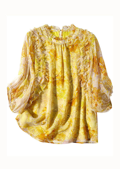 Bohemian Yellow Ruffled Print Silk Blouse Tops Bracelet Sleeve LY0144 - fabuloryshop