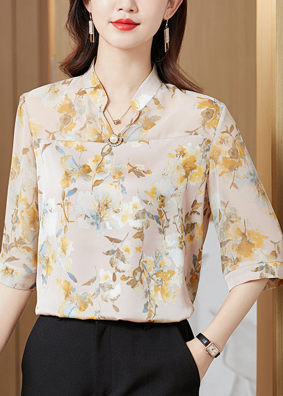 Bohemian Yellow Stand Collar Print Chiffon Shirt Tops Half Sleeve LY0423 - fabuloryshop