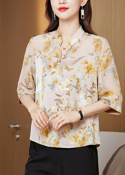 Bohemian Yellow Stand Collar Print Chiffon Shirt Tops Half Sleeve LY0423 - fabuloryshop