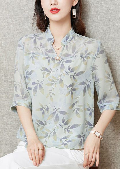 Bohemian Yellow Stand Collar Print Chiffon Shirt Tops Half Sleeve LY0423 - fabuloryshop