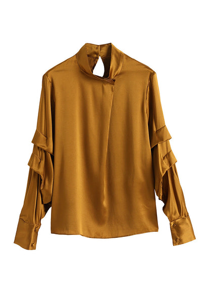 Bohemian Yellow Stand Collar Silk Top Lantern Sleeve LY0967 - fabuloryshop