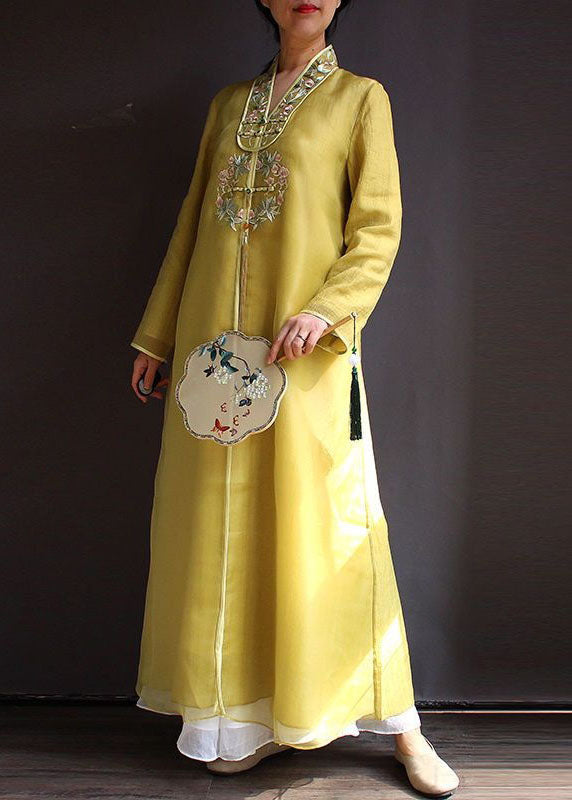 Bohemian Yellow V Neck Embroideried Patchwork Silk Dress Spring LC0197 - fabuloryshop