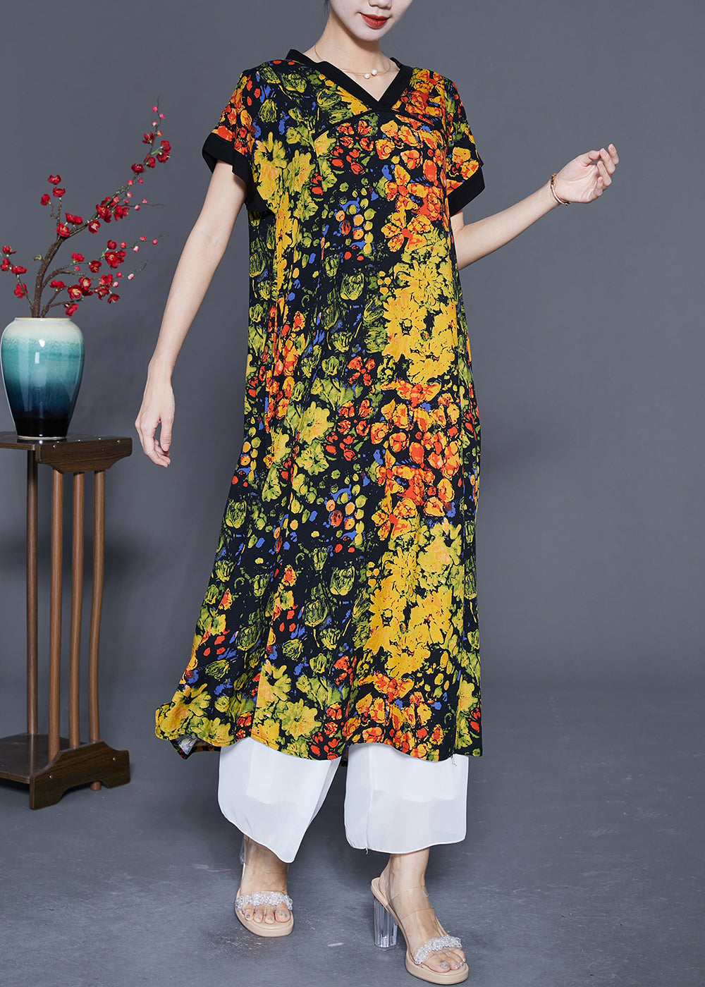 Bohemian Yellow V Neck Print Cotton Dress Summer LY4832 - fabuloryshop