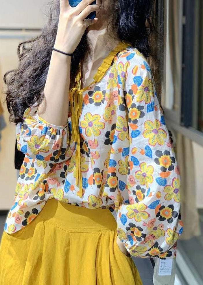 Bohemian Yellow V Neck Print Lace Up Linen Shirt Tops Spring LY2907 - fabuloryshop