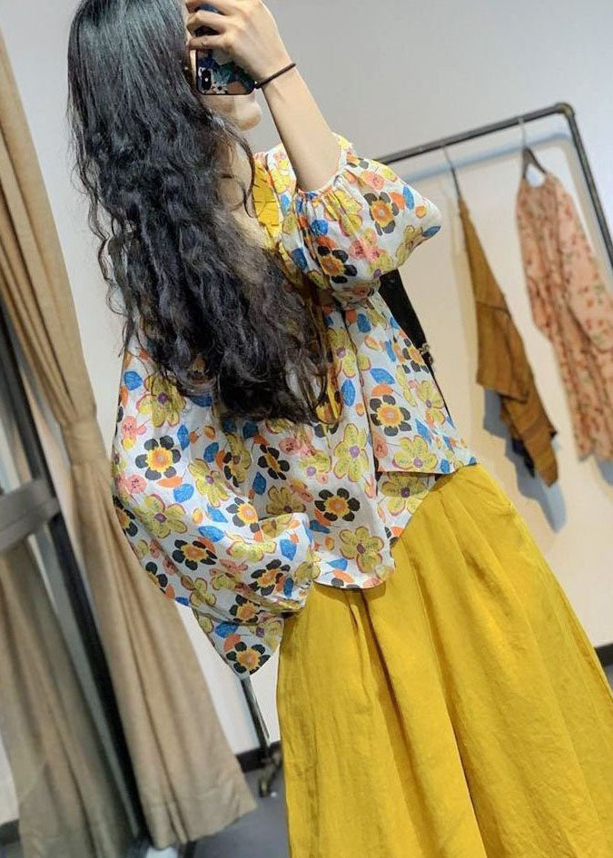 Bohemian Yellow V Neck Print Lace Up Linen Shirt Tops Spring LY2907 - fabuloryshop