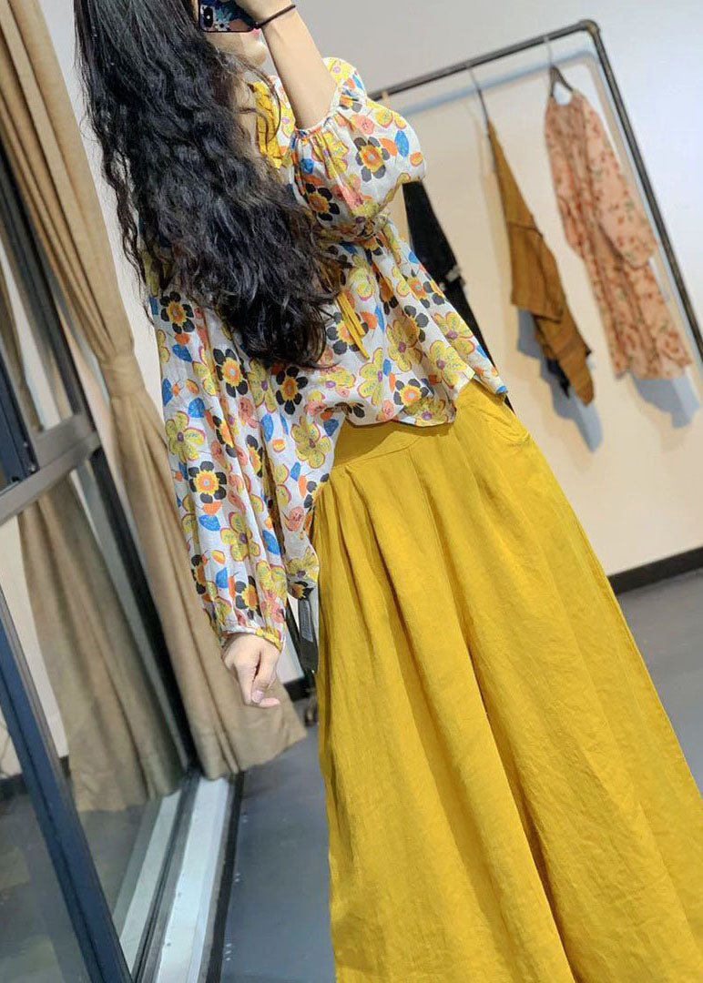 Bohemian Yellow V Neck Print Lace Up Linen Shirt Tops Spring LY2907