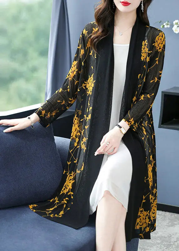 Bohemian Yellow V Neck Print Long Ice Size Chiffon Cardigans Summer Ada Fashion