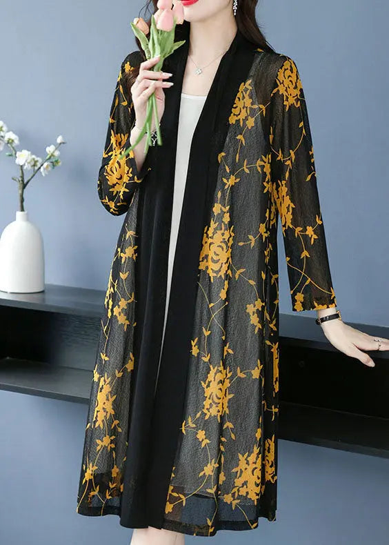 Bohemian Yellow V Neck Print Long Ice Size Chiffon Cardigans Summer Ada Fashion