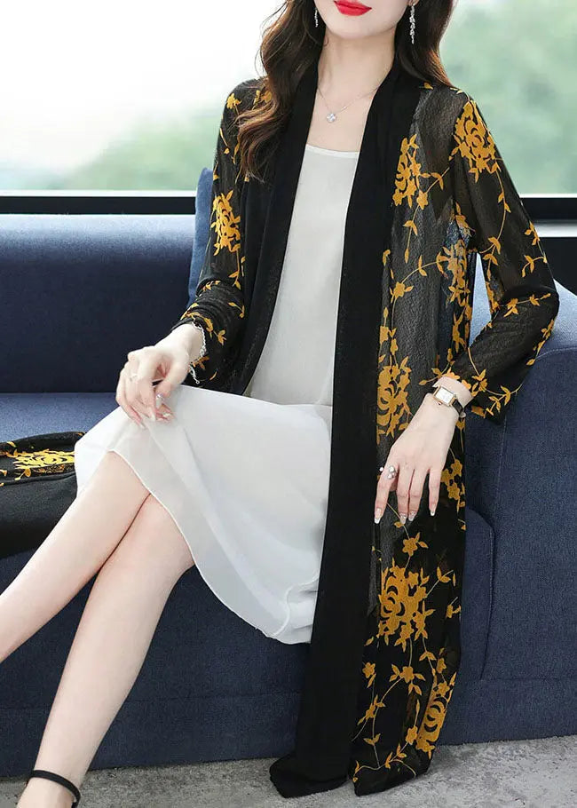 Bohemian Yellow V Neck Print Long Ice Size Chiffon Cardigans Summer Ada Fashion