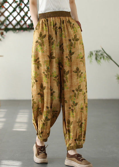 Bohemian Yellow Wrinkled Elastic Waist Crop Lantern Pants TQ1057 - fabuloryshop