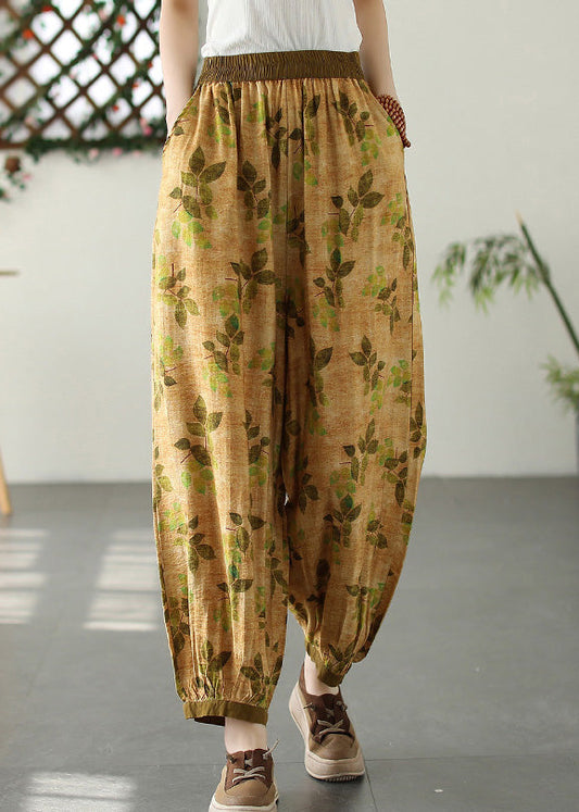 Bohemian Yellow Wrinkled Elastic Waist Crop Lantern Pants TQ1057 - fabuloryshop