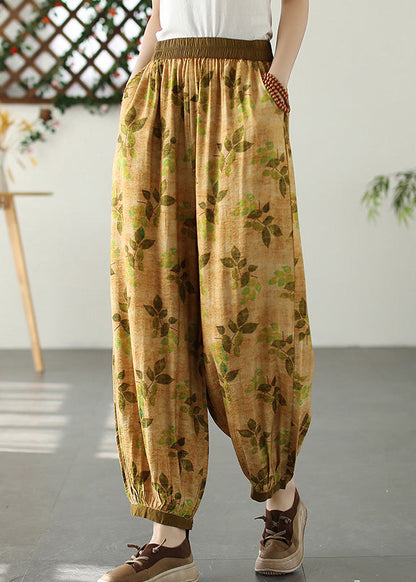 Bohemian Yellow Wrinkled Elastic Waist Crop Lantern Pants TQ1057 - fabuloryshop