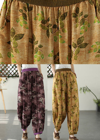 Bohemian Yellow Wrinkled Elastic Waist Crop Lantern Pants TQ1057 - fabuloryshop