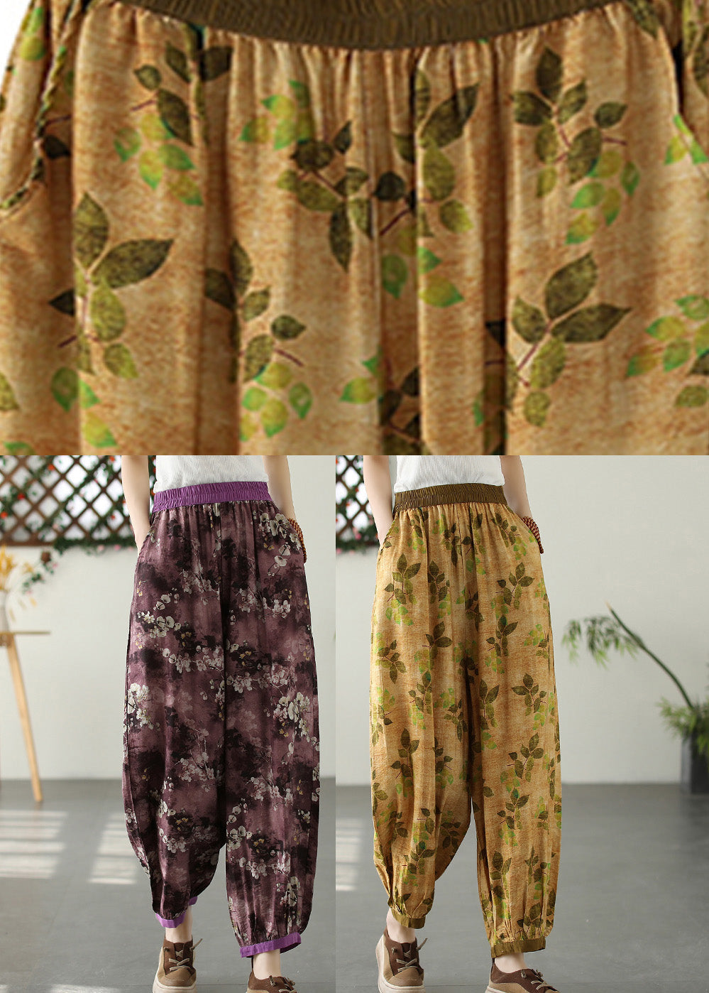 Bohemian Yellow Wrinkled Elastic Waist Crop Lantern Pants Ada Fashion