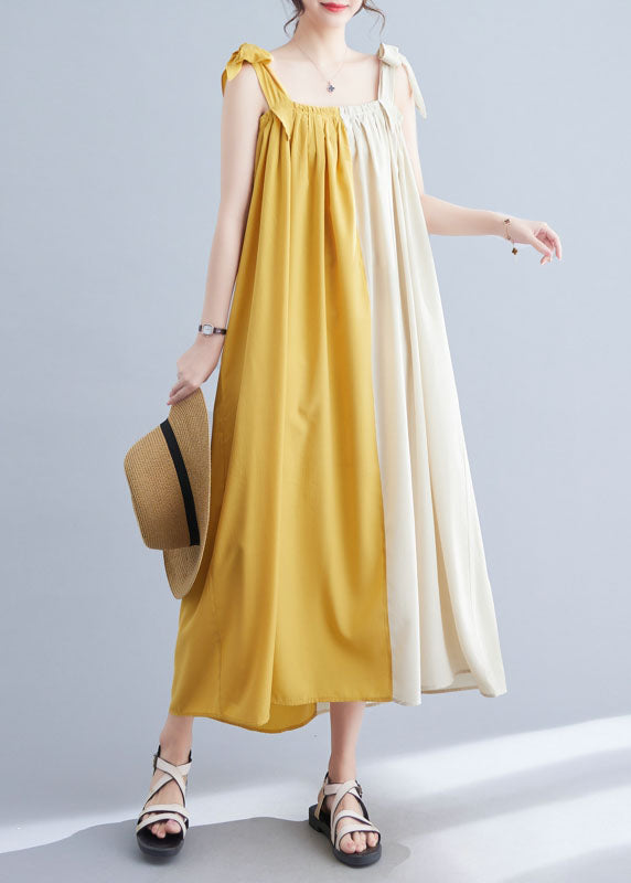 Bohemian Yellow Wrinkled Patchwork Cotton Summer Beach Dress Sleeveless LY4895 - fabuloryshop