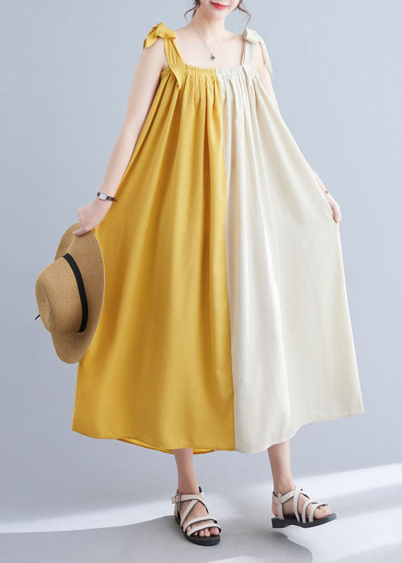 Bohemian Yellow Wrinkled Patchwork Cotton Summer Beach Dress Sleeveless LY4895 - fabuloryshop