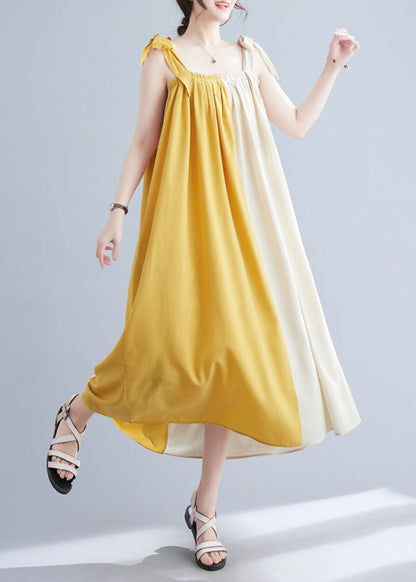 Bohemian Yellow Wrinkled Patchwork Cotton Summer Beach Dress Sleeveless LY4895 - fabuloryshop