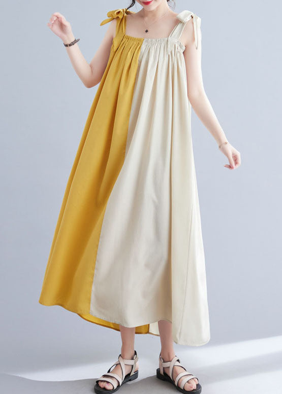 Bohemian Yellow Wrinkled Patchwork Cotton Summer Beach Dress Sleeveless LY4895 - fabuloryshop