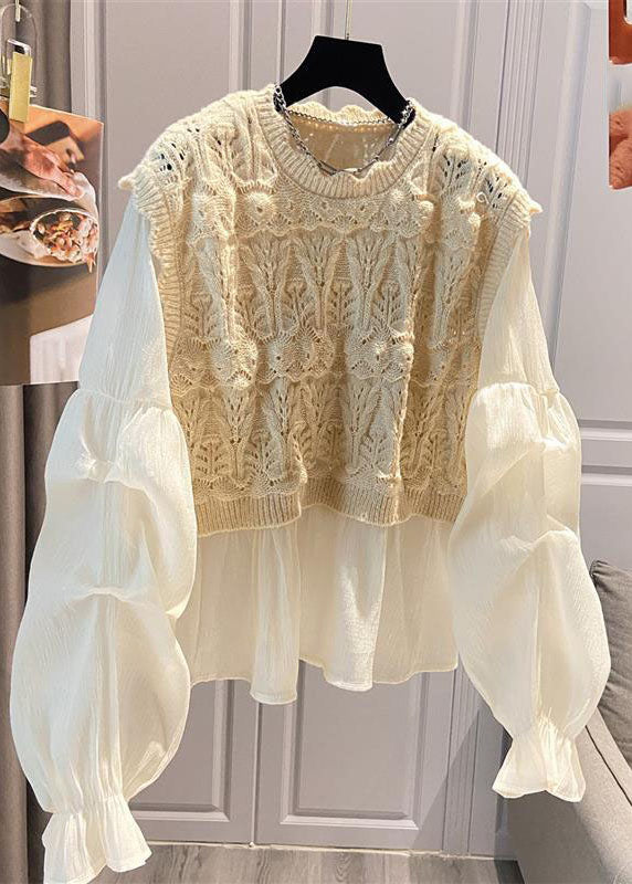 Boho Apricot O-Neck Lace Patchwork Hollow Out Shirts Long Sleeve Ada Fashion