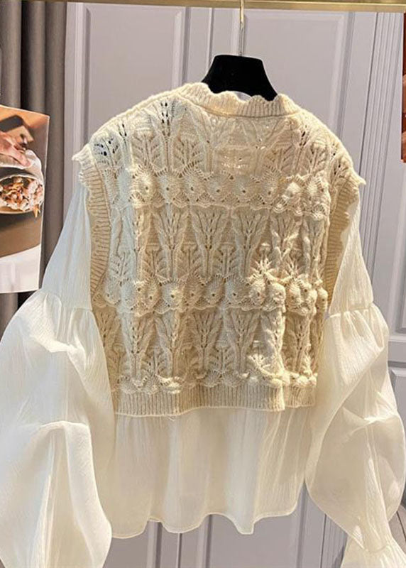 Boho Apricot O-Neck Lace Patchwork Hollow Out Shirts Long Sleeve Ada Fashion