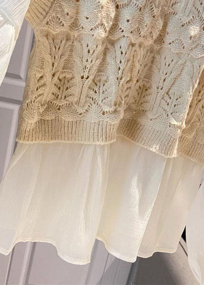 Boho Apricot O-Neck Lace Patchwork Hollow Out Shirts Long Sleeve Ada Fashion