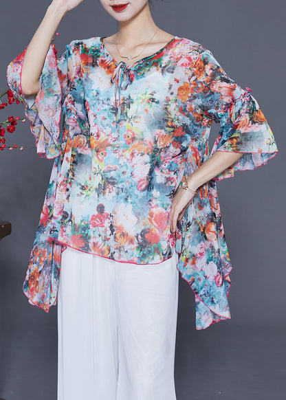 Boho Asymmetrical Design Floral Print Chiffon Shirts Flare Sleeve LY2414 - fabuloryshop