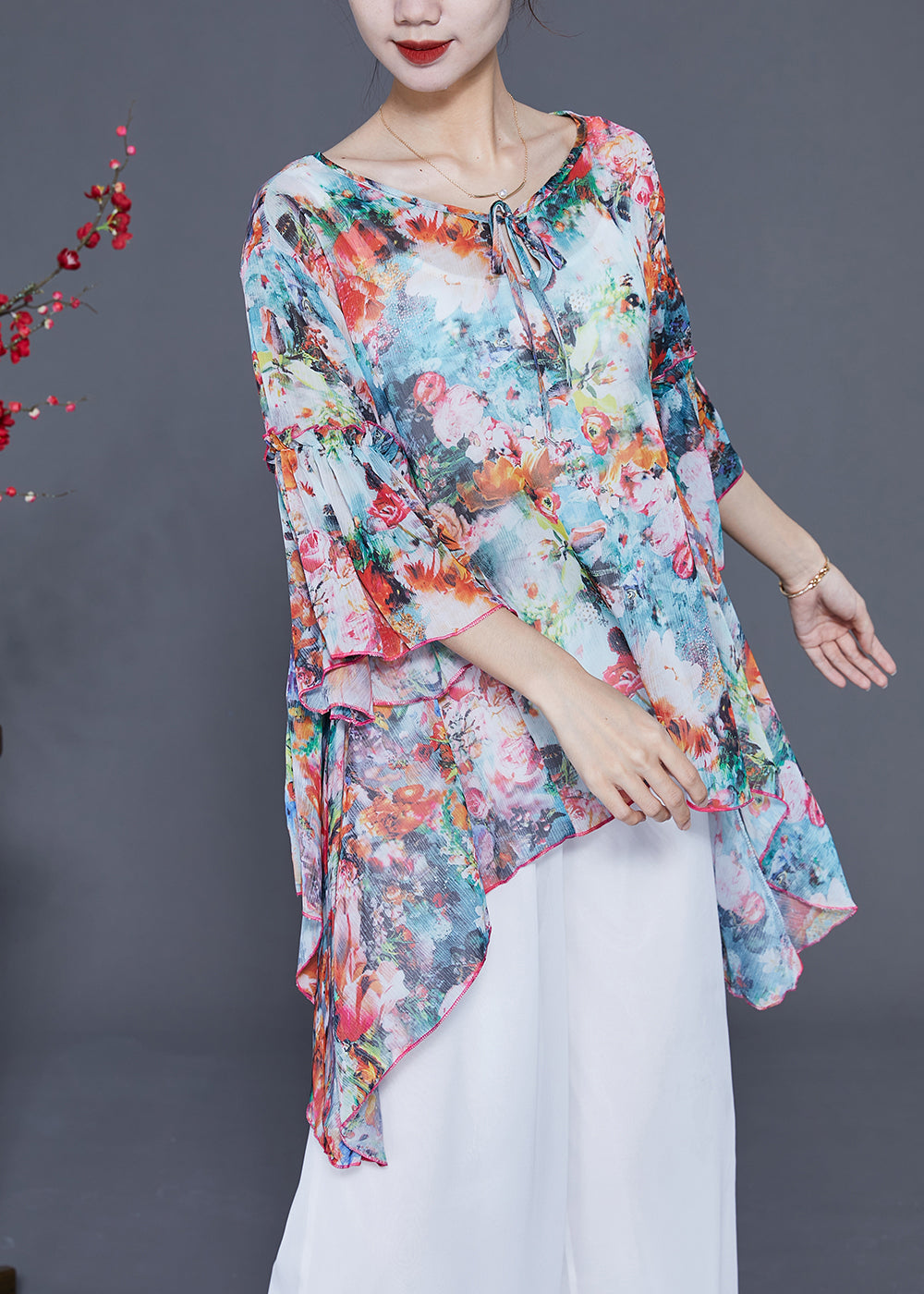 Boho Asymmetrical Design Floral Print Chiffon Shirts Flare Sleeve LY2414 - fabuloryshop