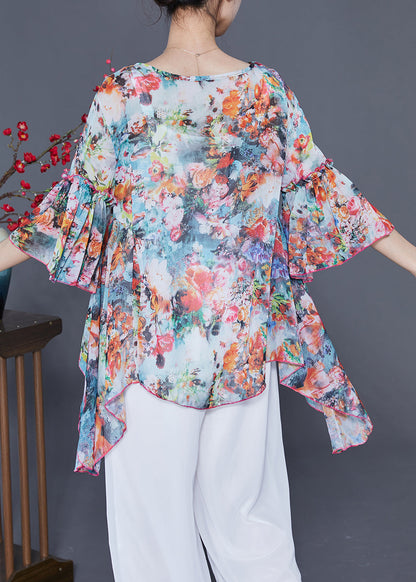 Boho Asymmetrical Design Floral Print Chiffon Shirts Flare Sleeve LY2414 - fabuloryshop