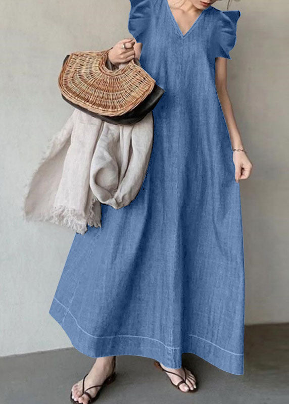 Boho Baby Blue V Neck Ruffled Patchwork Denim Dress Summer LY3958 - fabuloryshop