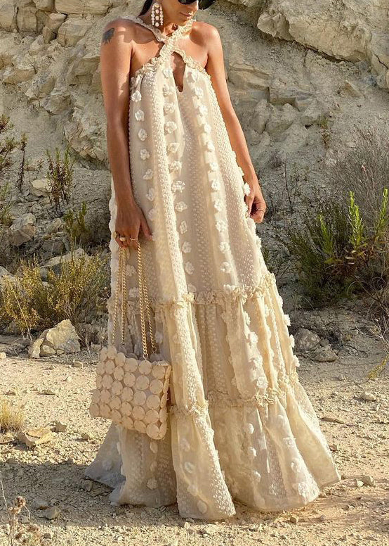 Boho Beige Neck Tie Patchwork Floral Holiday Maxi Dresses Summer LY1956 - fabuloryshop