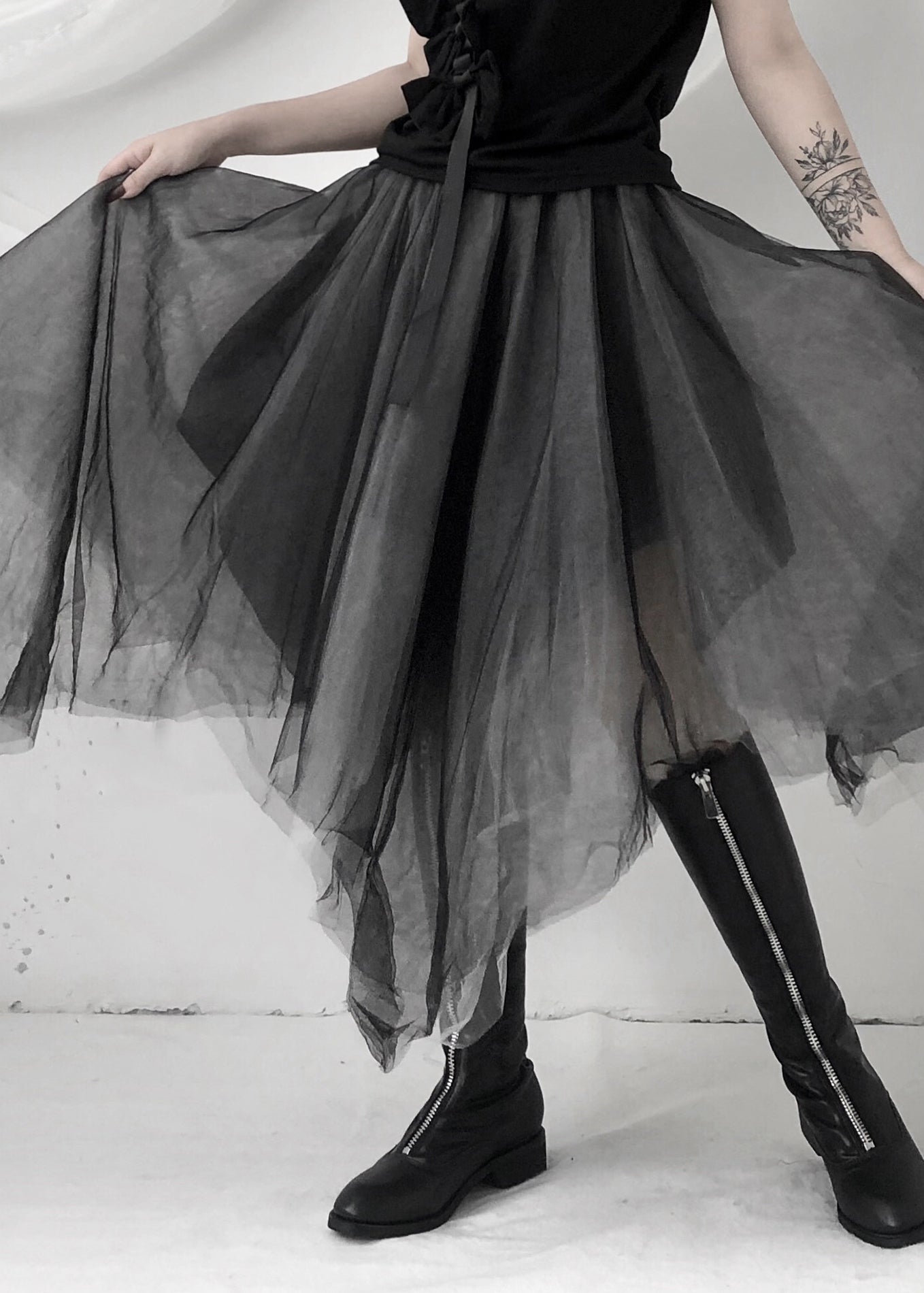 Boho Black Asymmetrical Layered Tulle Maxi Skirt Ada Fashion