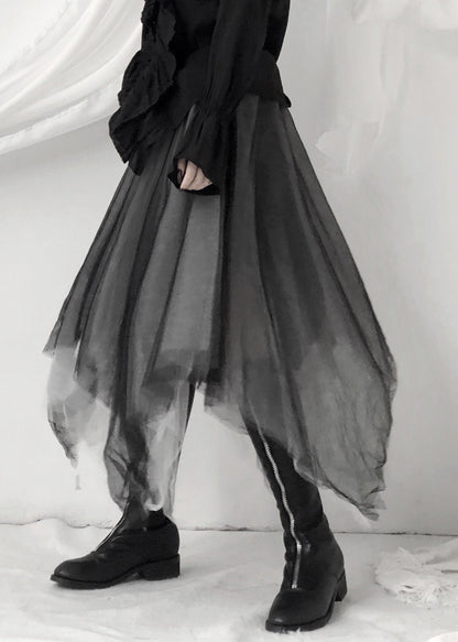 Boho Black Asymmetrical Layered Tulle Maxi Skirt Ada Fashion