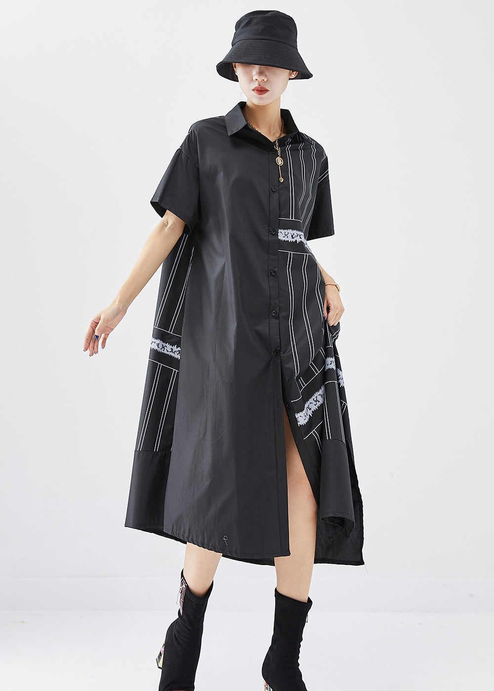 Boho Black Asymmetrical Patchwork Cotton Dress Summer Ada Fashion