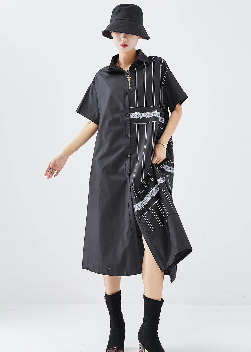 Boho Black Asymmetrical Patchwork Cotton Dress Summer Ada Fashion