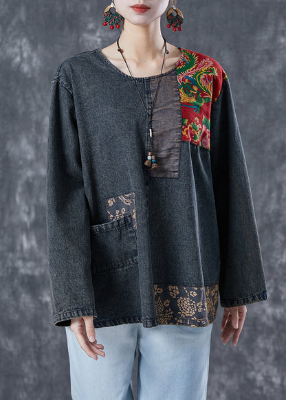 Boho Black Asymmetrical Patchwork Denim Sweatshirts Top Spring LY5621 - fabuloryshop