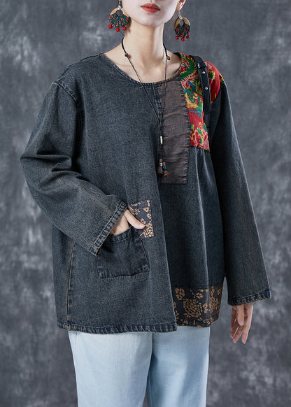 Boho Black Asymmetrical Patchwork Denim Sweatshirts Top Spring LY5621 - fabuloryshop