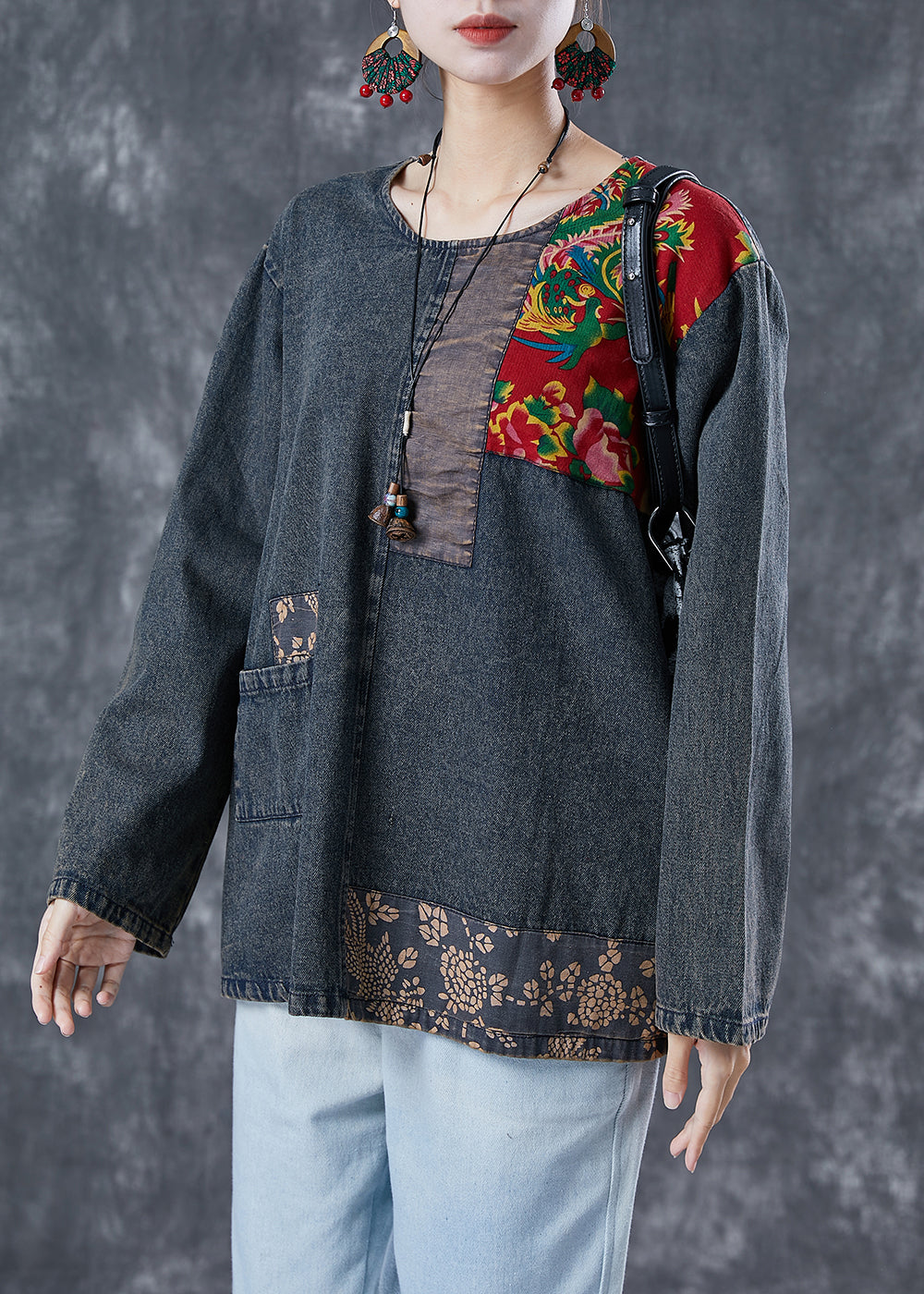 Boho Black Asymmetrical Patchwork Denim Sweatshirts Top Spring LY5621 - fabuloryshop