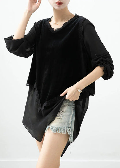 Boho Black Asymmetrical Patchwork Silk Velour Blouse Tops Fall Ada Fashion