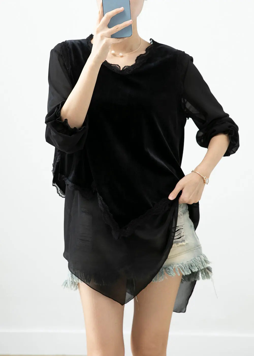 Boho Black Asymmetrical Patchwork Silk Velour Blouse Tops Fall Ada Fashion