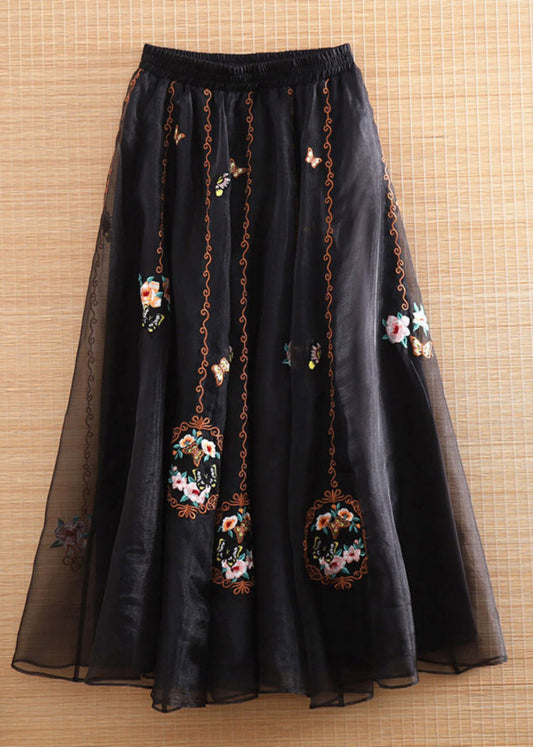 Boho Black Elastic Waist Embroideried Tulle Maxi Skirts Summer LY4427 - fabuloryshop