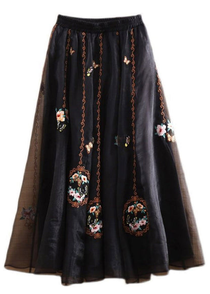 Boho Black Elastic Waist Embroideried Tulle Maxi Skirts Summer LY4427 - fabuloryshop