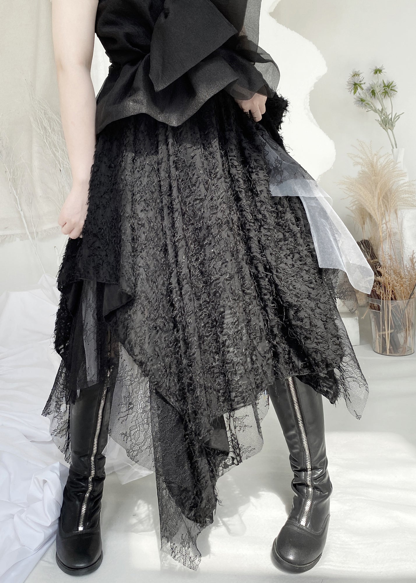Boho Black Elastic Waist Lace Patchwork Tulle Maxi Skirt Fall Ada Fashion
