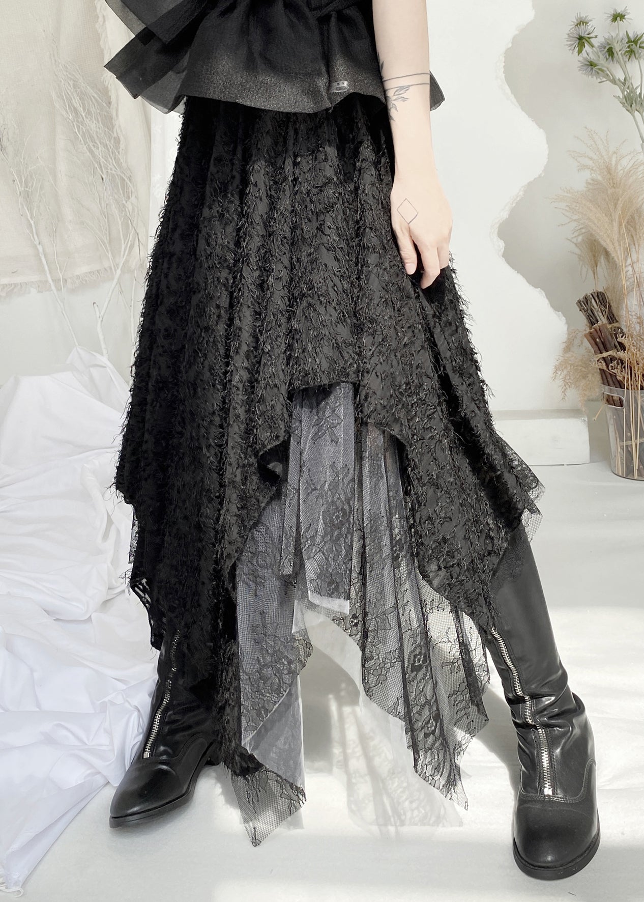 Boho Black Elastic Waist Lace Patchwork Tulle Maxi Skirt Fall Ada Fashion