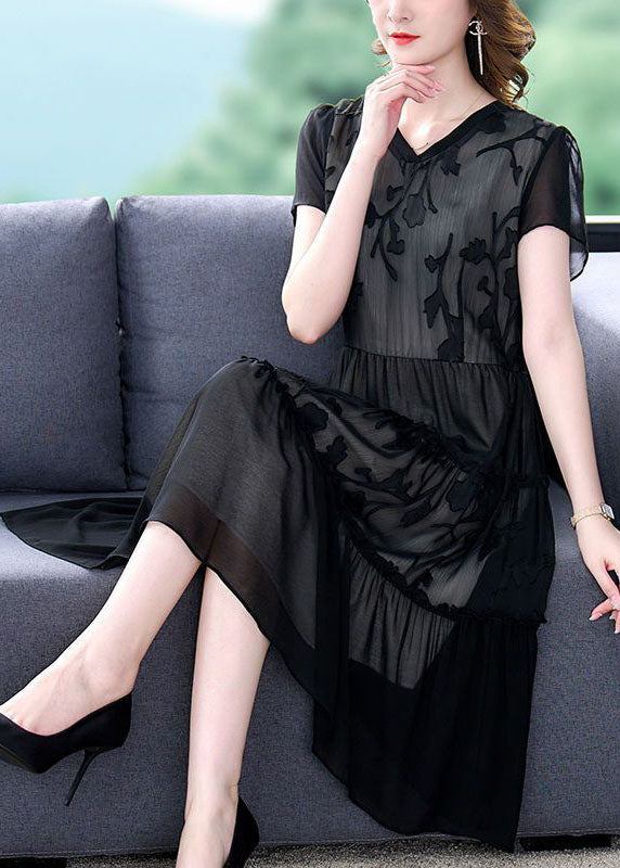 Boho Black Embroideried Patchwork Ruffled Chiffon Maxi Dresses Summer TH1005 - fabuloryshop